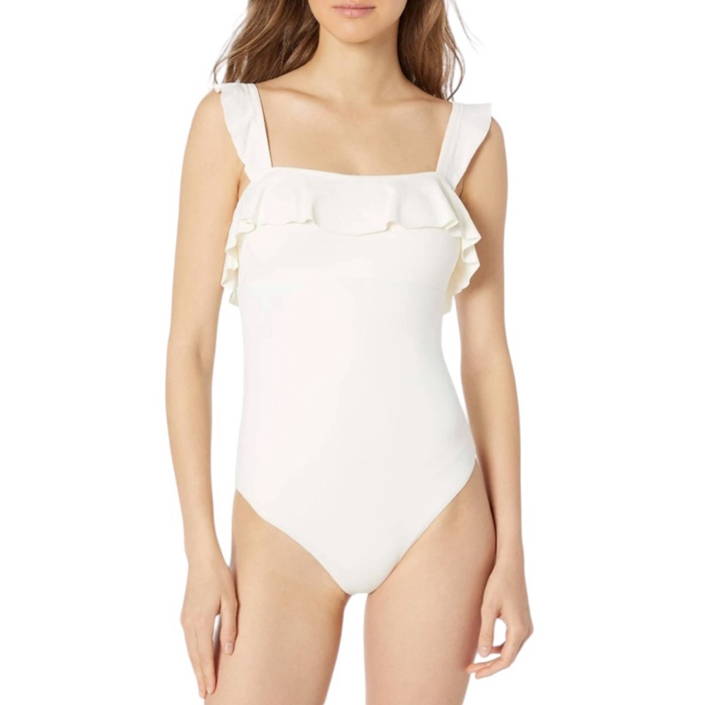 NWT Eberjey So Solid Jane One Piece Ruffle Trim Swimsuit Ecru Ivory XS Reg. $174